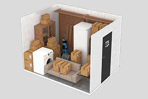 Inside a 75 foot storage unit, showing an example of what you could fit inside, including a washing machine, sofa and beds.